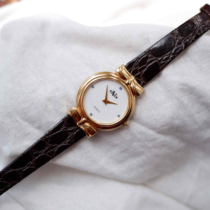 Ovo Vintage Watch: Petite Ladies Golden Watch 80s Blue Diamonds - NOS