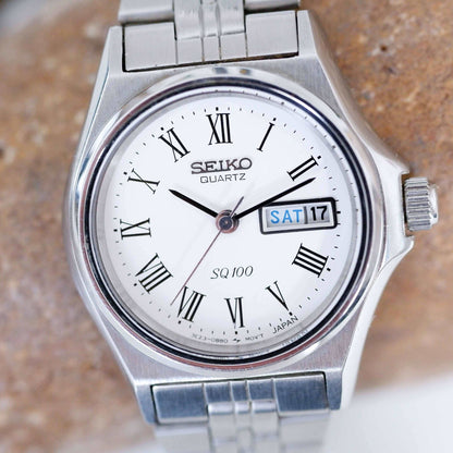 Seiko Vintage Ladies Watch: 90s Silver Diver with Classic Roman Dial, Second Front Side