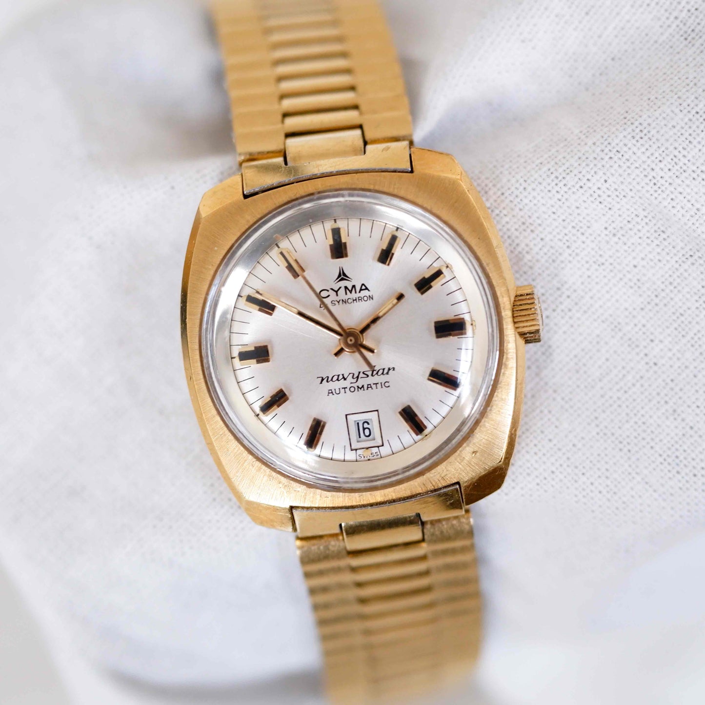 Cyma Vintage Watch: Ladies 60s Golden Sunburst White Dial with Automatic Movement NOS