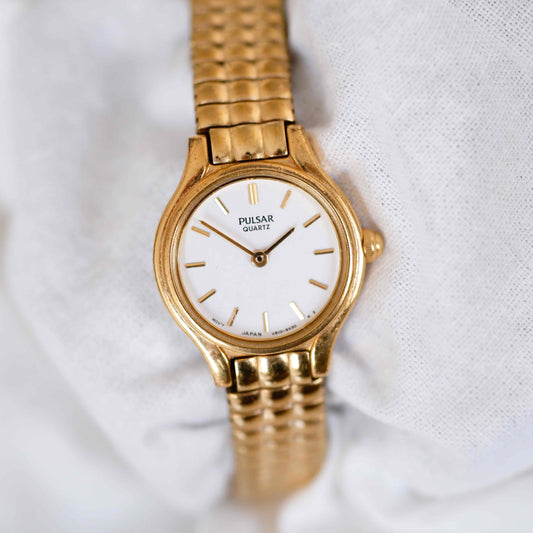 Pulsar Cocktail Watch: Vintage Ladies 80s Golden Dainty with White Dial