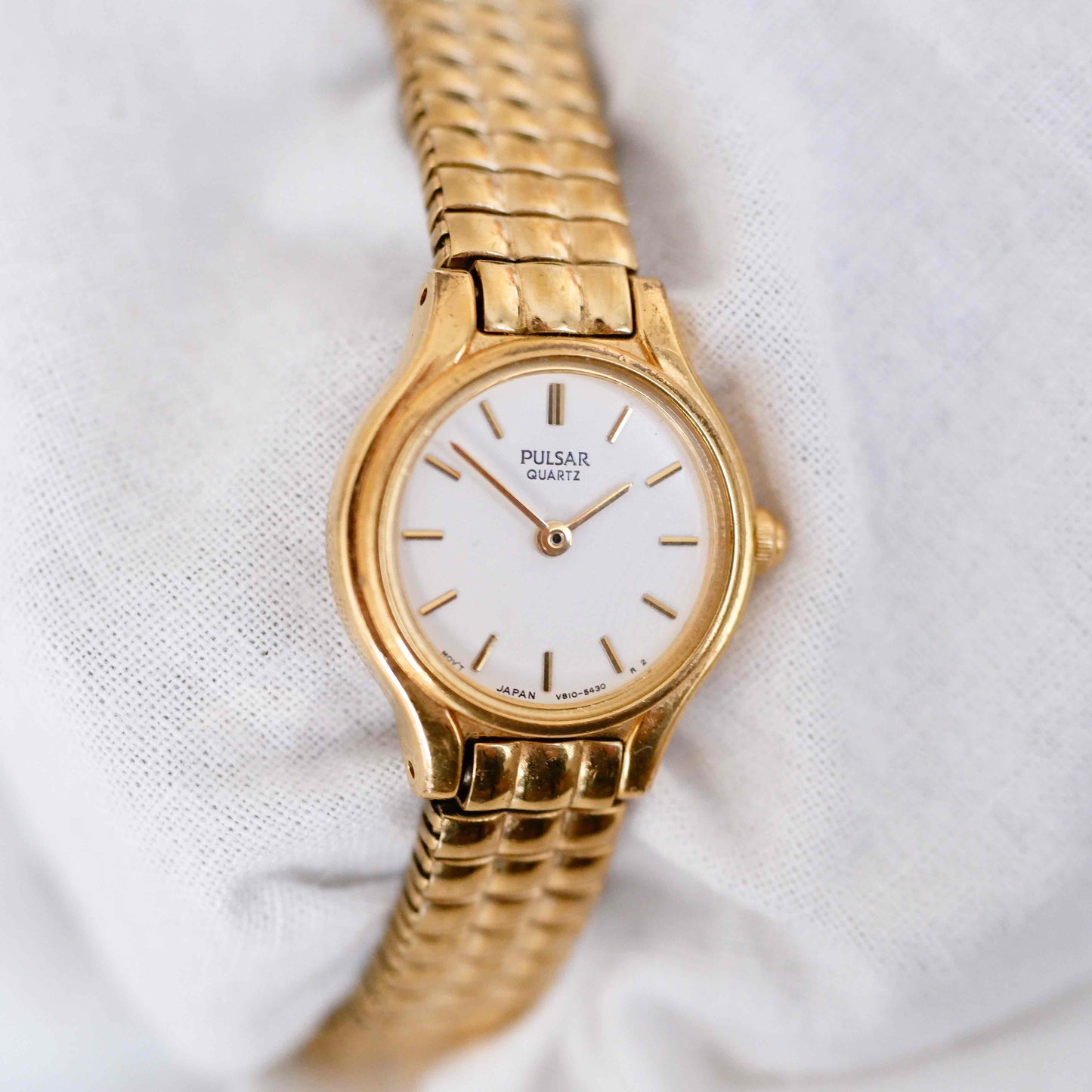 Pulsar Cocktail Watch: Vintage Ladies 80s Golden Dainty with White Dial