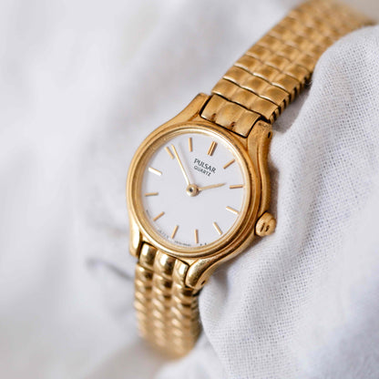 Pulsar Cocktail Watch: Vintage Ladies 80s Golden Dainty with White Dial