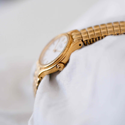 Pulsar Cocktail Watch: Vintage Ladies 80s Golden Dainty with White Dial