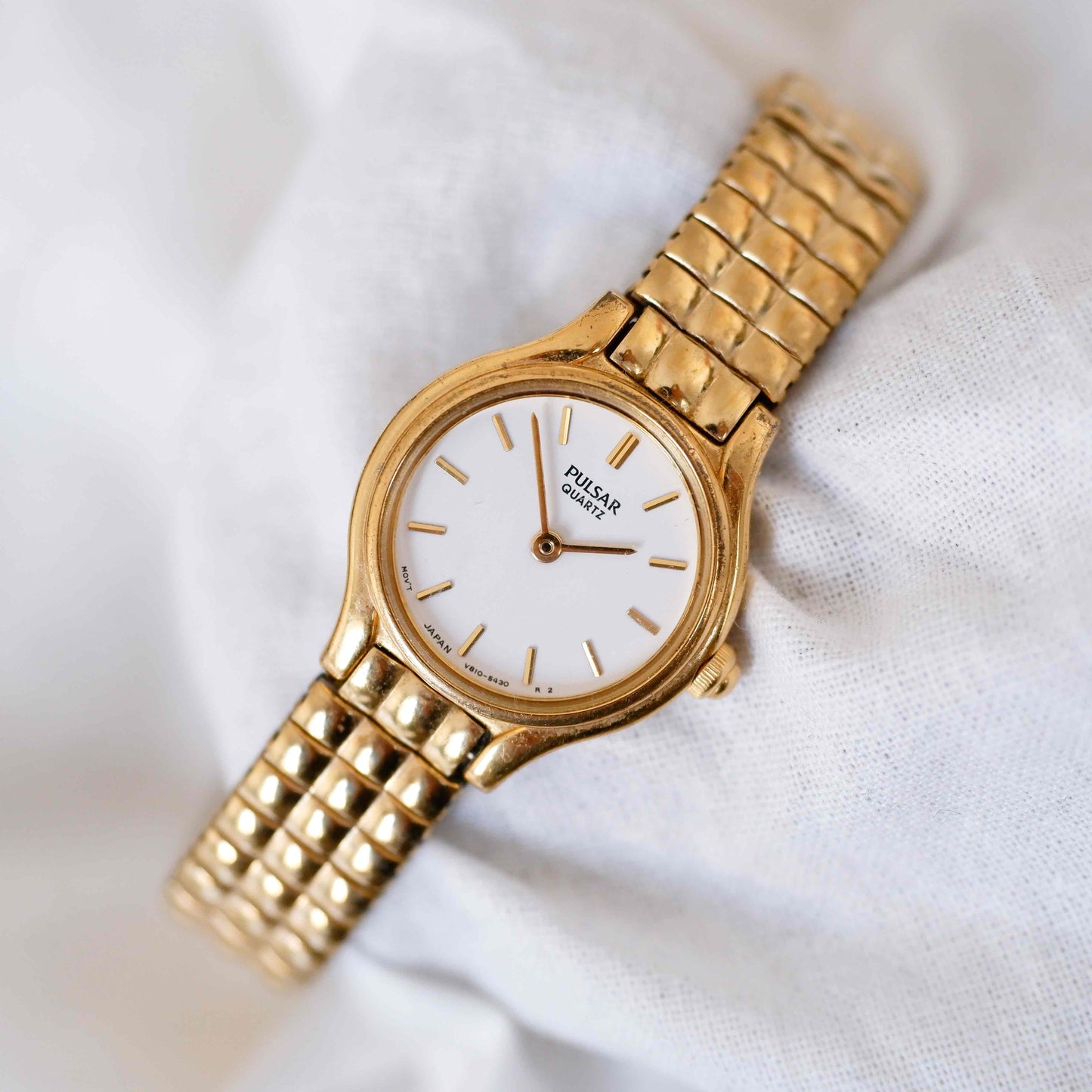 Pulsar Cocktail Watch: Vintage Ladies 80s Golden Dainty with White Dial