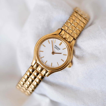 Pulsar Cocktail Watch: Vintage Ladies 80s Golden Dainty with White Dial