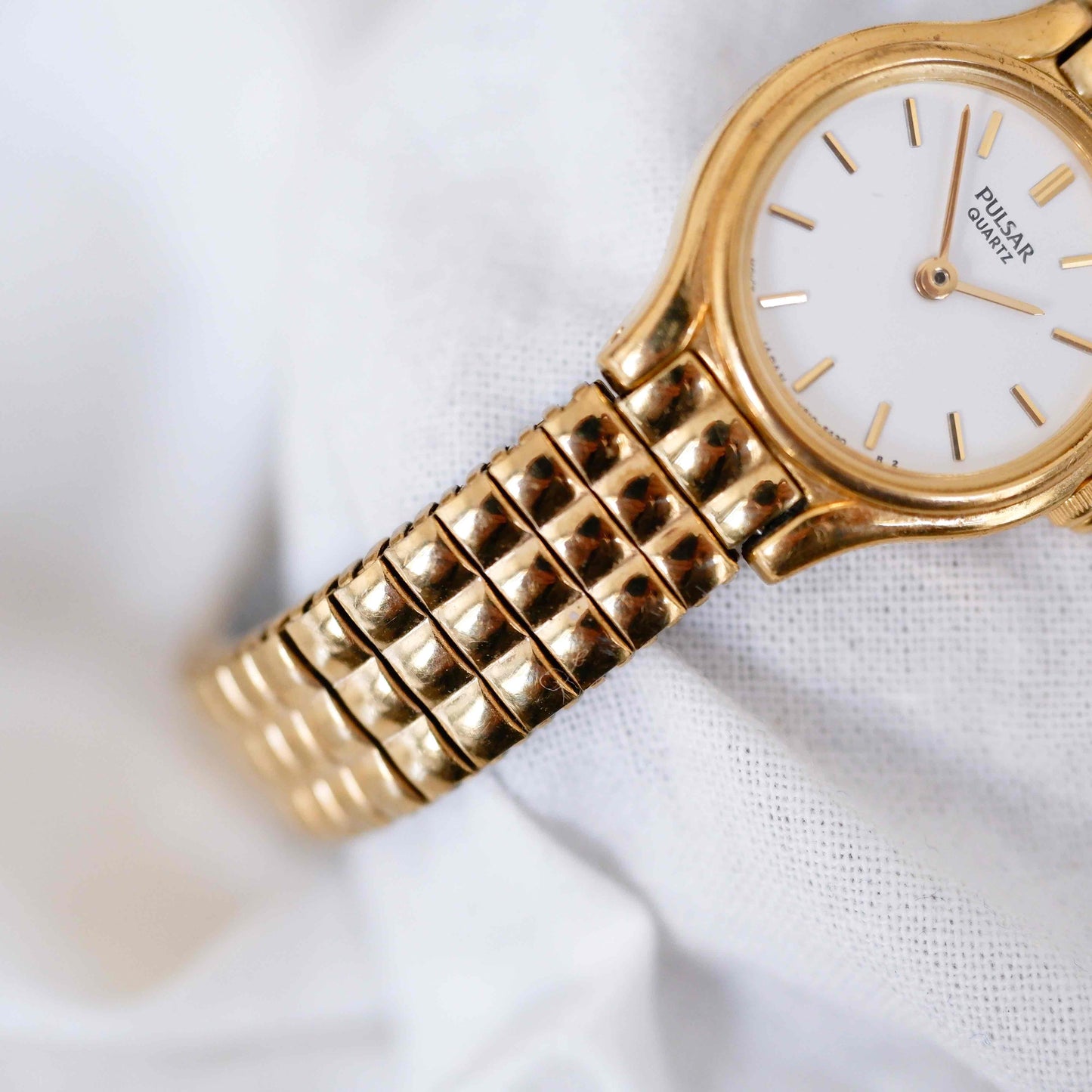 Pulsar Cocktail Watch: Vintage Ladies 80s Golden Dainty with White Dial