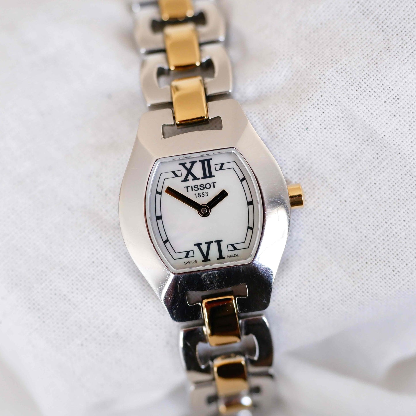 Tissot Vintage Tank Style: Ladies 90s Two Tone Mother of Pearl Dial