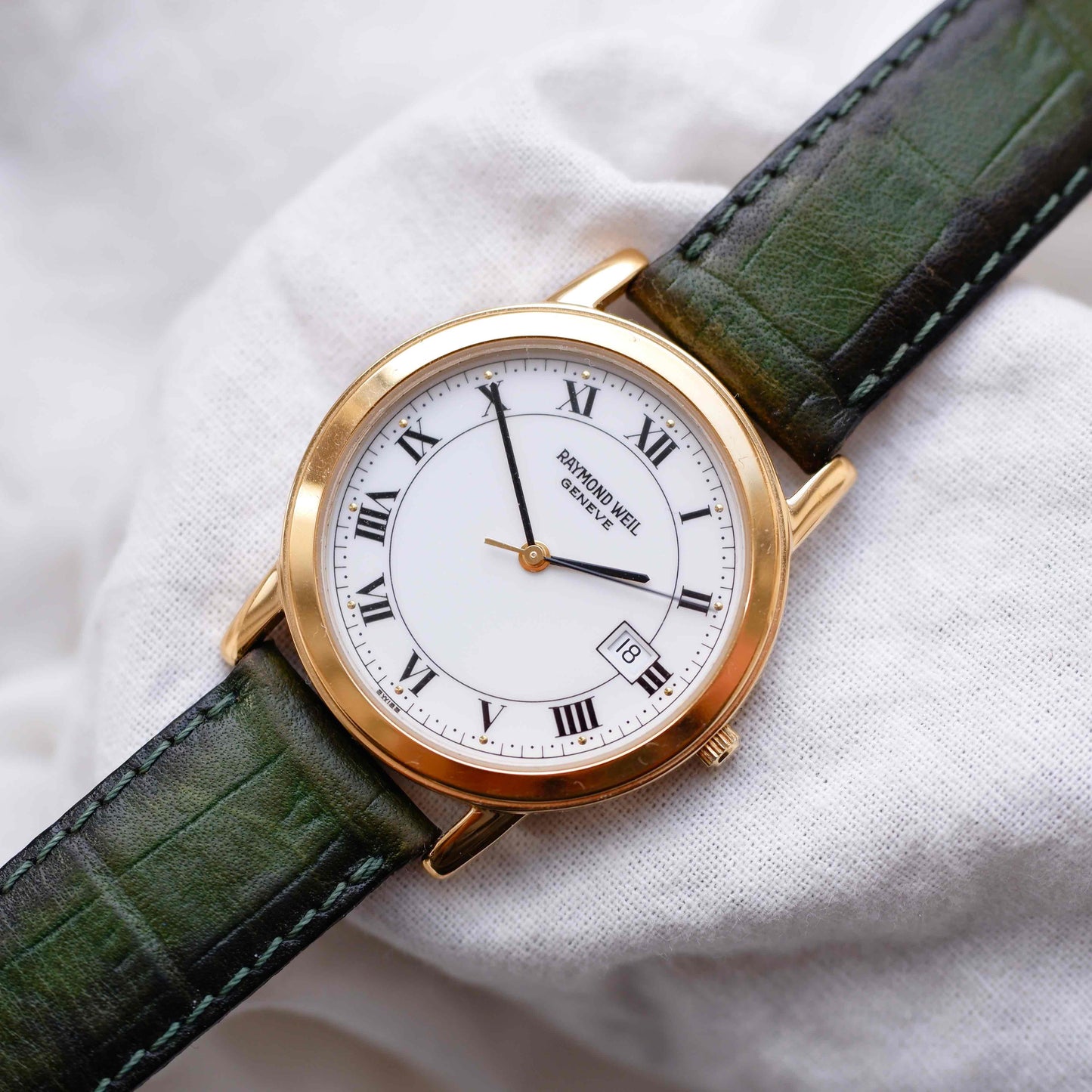 Raymond Weil Watch: Vintage 90s Golden Roman Numerals White Dial
