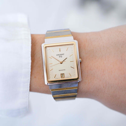 Orient Tank Style Watch: Vintage Ladies 80s Golden Two Tone with Champagne Dial