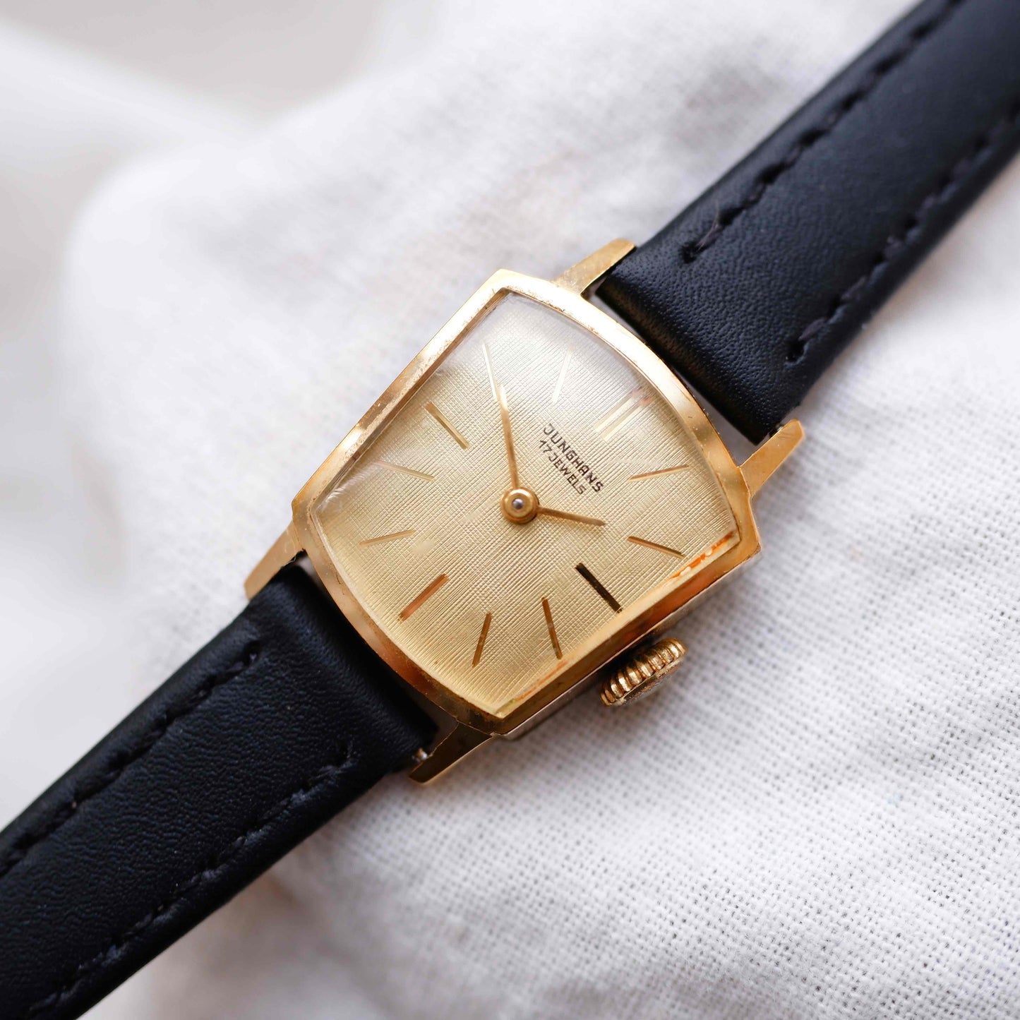 Junghans Cocktail Watch: Vintage Ladies 70s Gold Linen Dial Mechanical