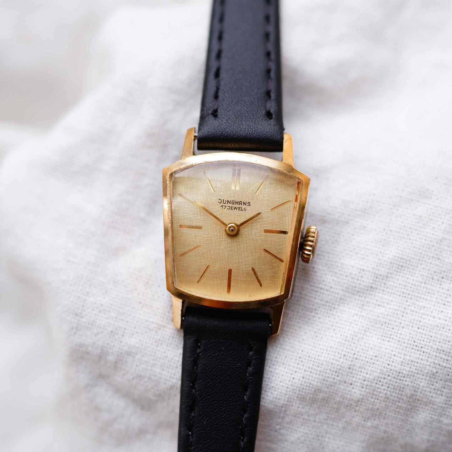 Junghans Cocktail Watch: Vintage Ladies 70s Gold Linen Dial Mechanical
