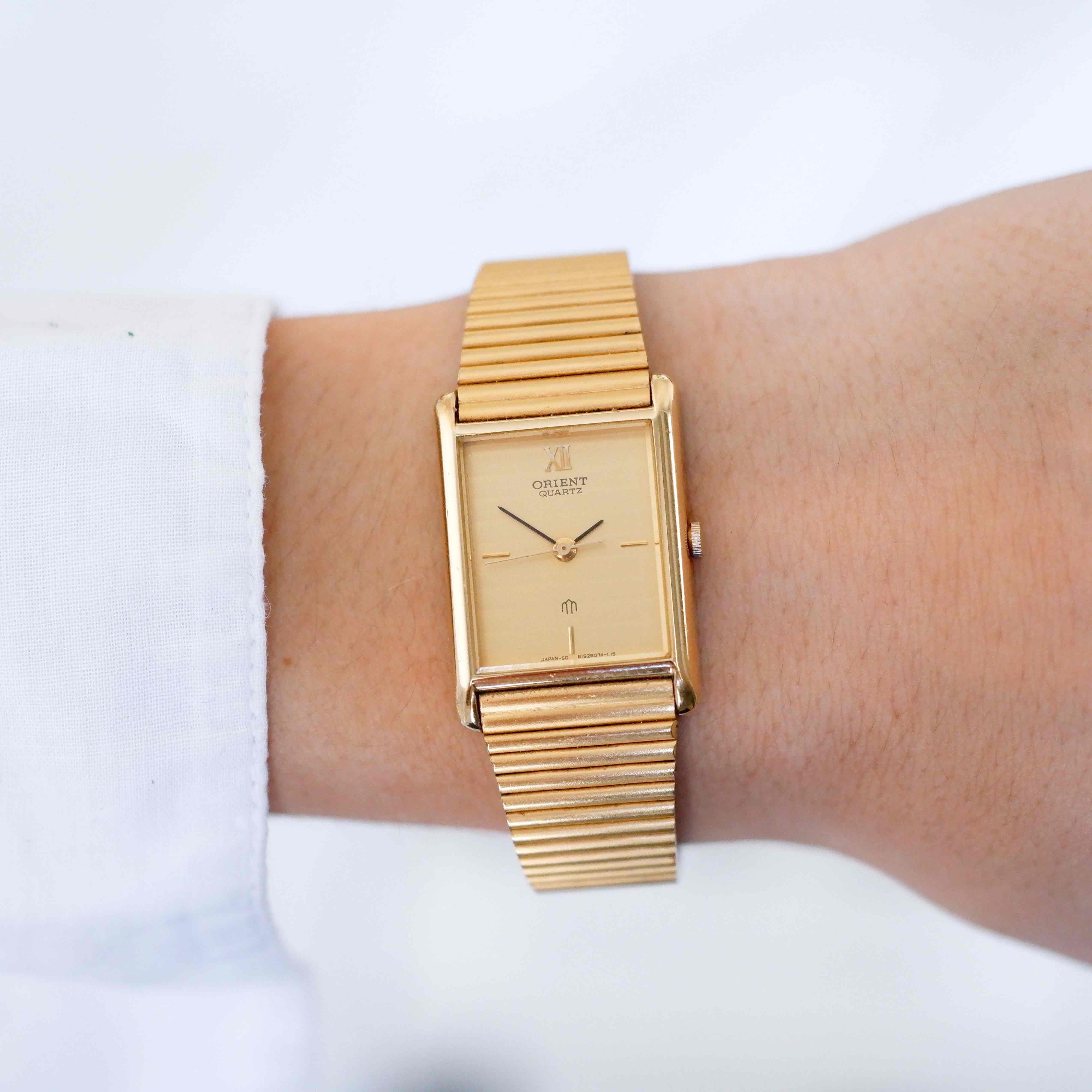 Orient Cocktail Tank Watch: Vintage Ladies 80s Golden Dainty with