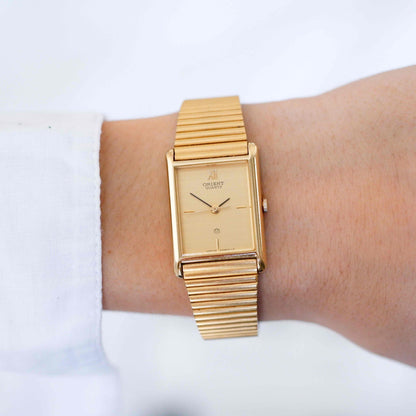 Orient Cocktail Tank Watch: Vintage Ladies 80s Golden Dainty with Champagne Dial