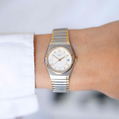 Seiko Dainty Cocktail Watch: Ladies Vintage 90s Two-Tone White Gold Dial