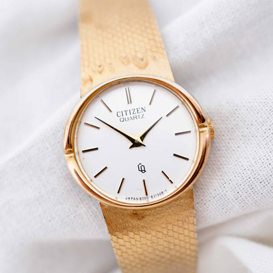 Citizen Cocktail Watch: Vintage Ladies 80s Golden Bracelet with White Dial