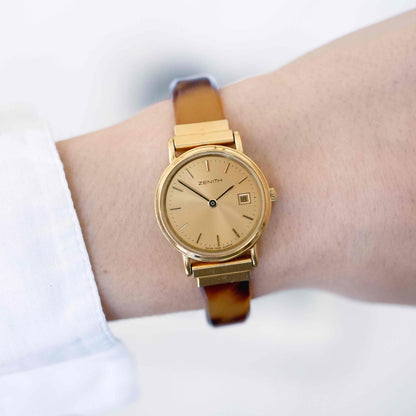 Zenith Cocktail Watch: Vintage Ladies 80s Golden Dainty with Amber Style Bracelet