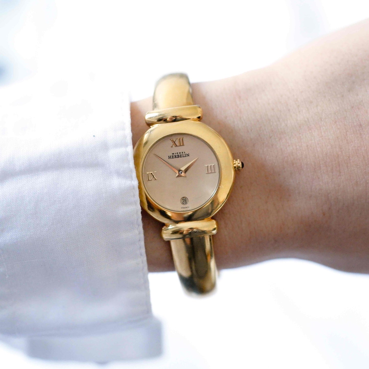 Michel Herbelin Cocktail Watch: Vintage Bangle Ladies 90s Golden with Champagne Dial