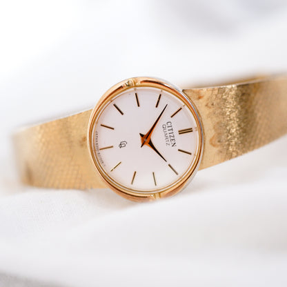 Citizen Cocktail Watch: Vintage Ladies 80s Golden Bracelet with White Dial