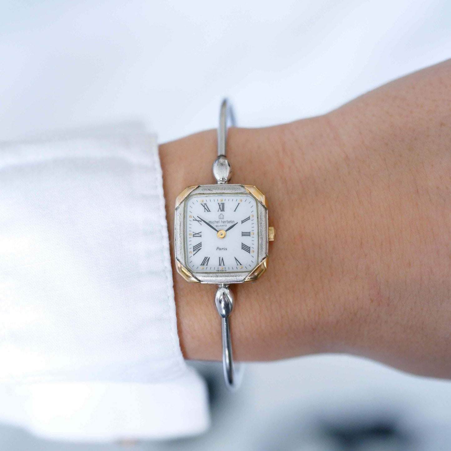 Michel Herbelin Cocktail Watch: Vintage Bangle Ladies 90s Two Tone with White Dial