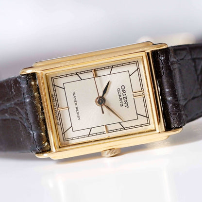 Orient Vintage Ladies Watch: 90s Golden Classic Rectangular Style - New Old Stock (NOS), Third Front Side