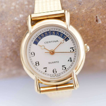 Certina Vintage Ladies Watch: 90s Gold, Blue Date and Classic Numerals | First Front Side