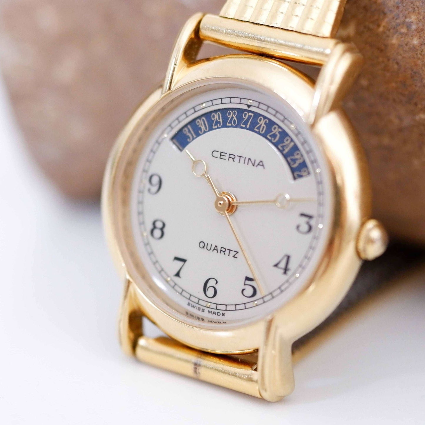 Certina Vintage Ladies Watch: 90s Gold, Blue Date and Classic Numerals, Slight Right Side