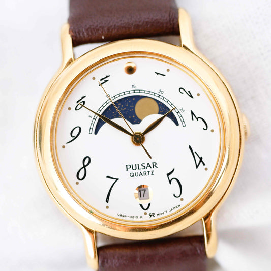 Pulsar Moon Phase Watch: Ladies 90s Gold with Elegant Numerals Blue White Dial