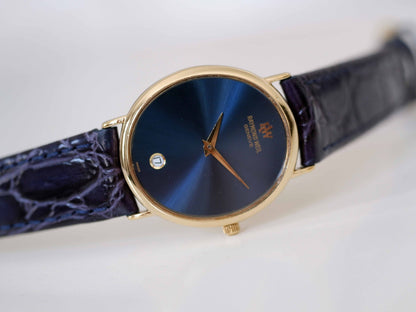 Raymond Weil Vintage Ladies Watch: 90s Golden Oval Style with Blue Sunburst Dial, Fourth Front Side