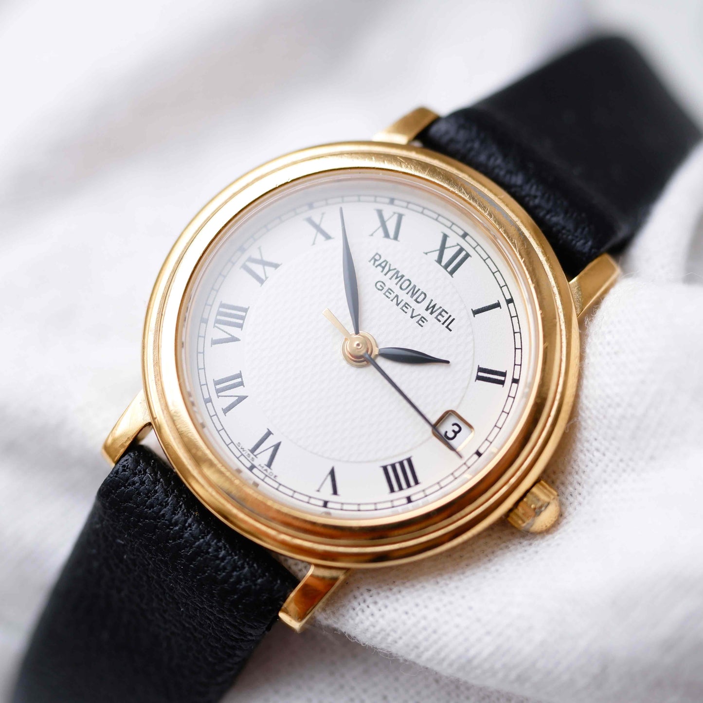 Raymond Weil Watch: Vintage Ladies 90s Golden Guilloche Roman Numerals