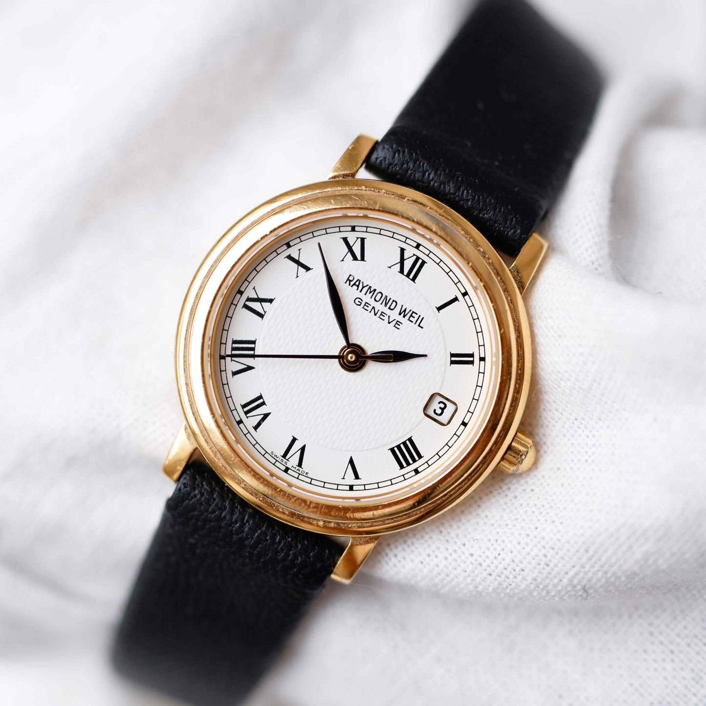 Raymond Weil Watch: Vintage Ladies 90s Golden Guilloche Roman Numerals