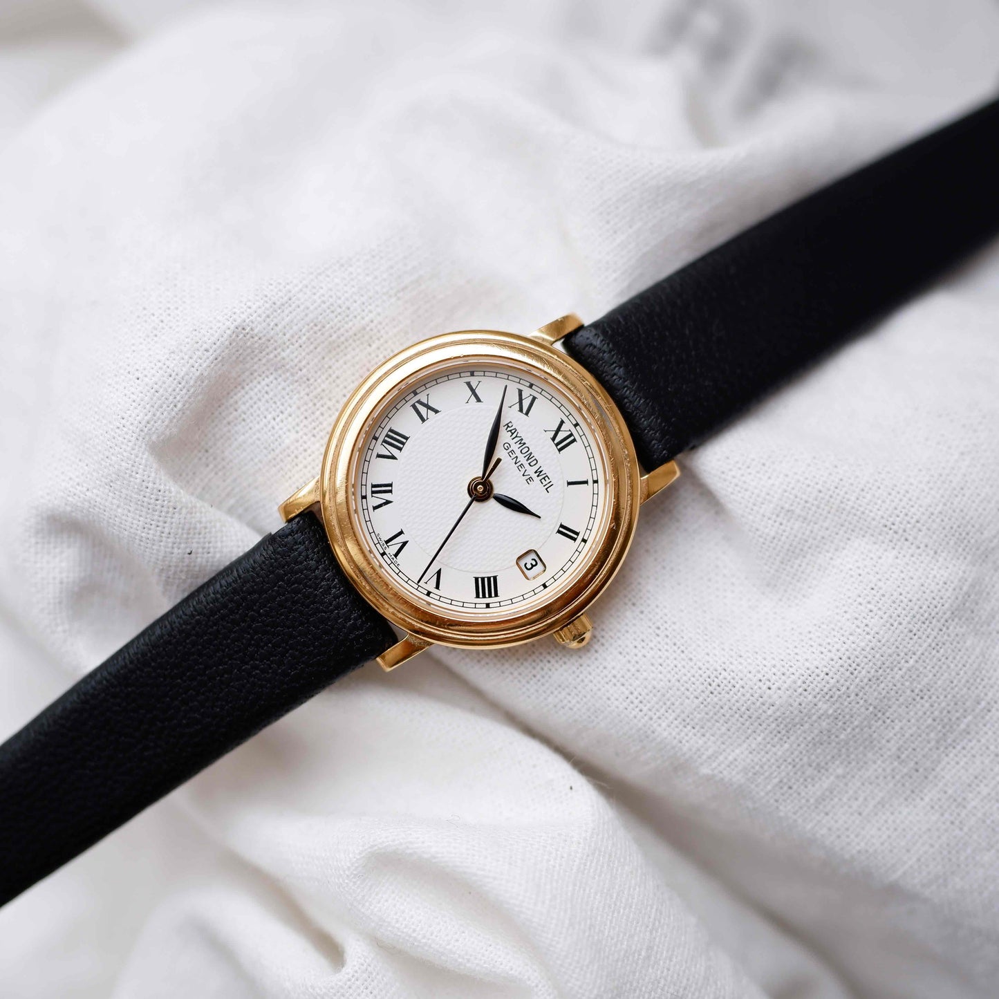 Raymond Weil Watch: Vintage Ladies 90s Golden Guilloche Roman Numerals