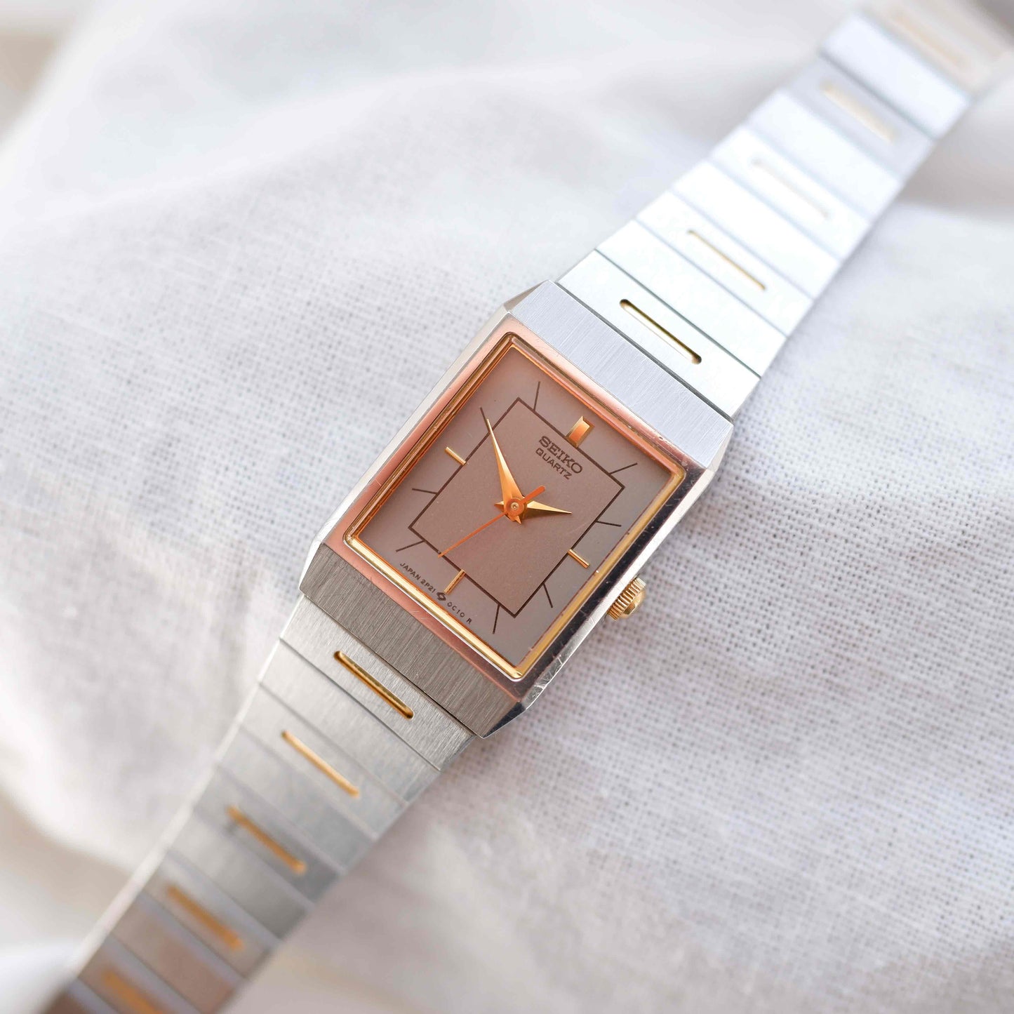 Seiko Dainty Tank Watch: Ladies Vintage 80s Two-Tone Gray and Gold Dial