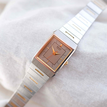 Seiko Dainty Tank Watch: Ladies Vintage 80s Two-Tone Gray and Gold Dial