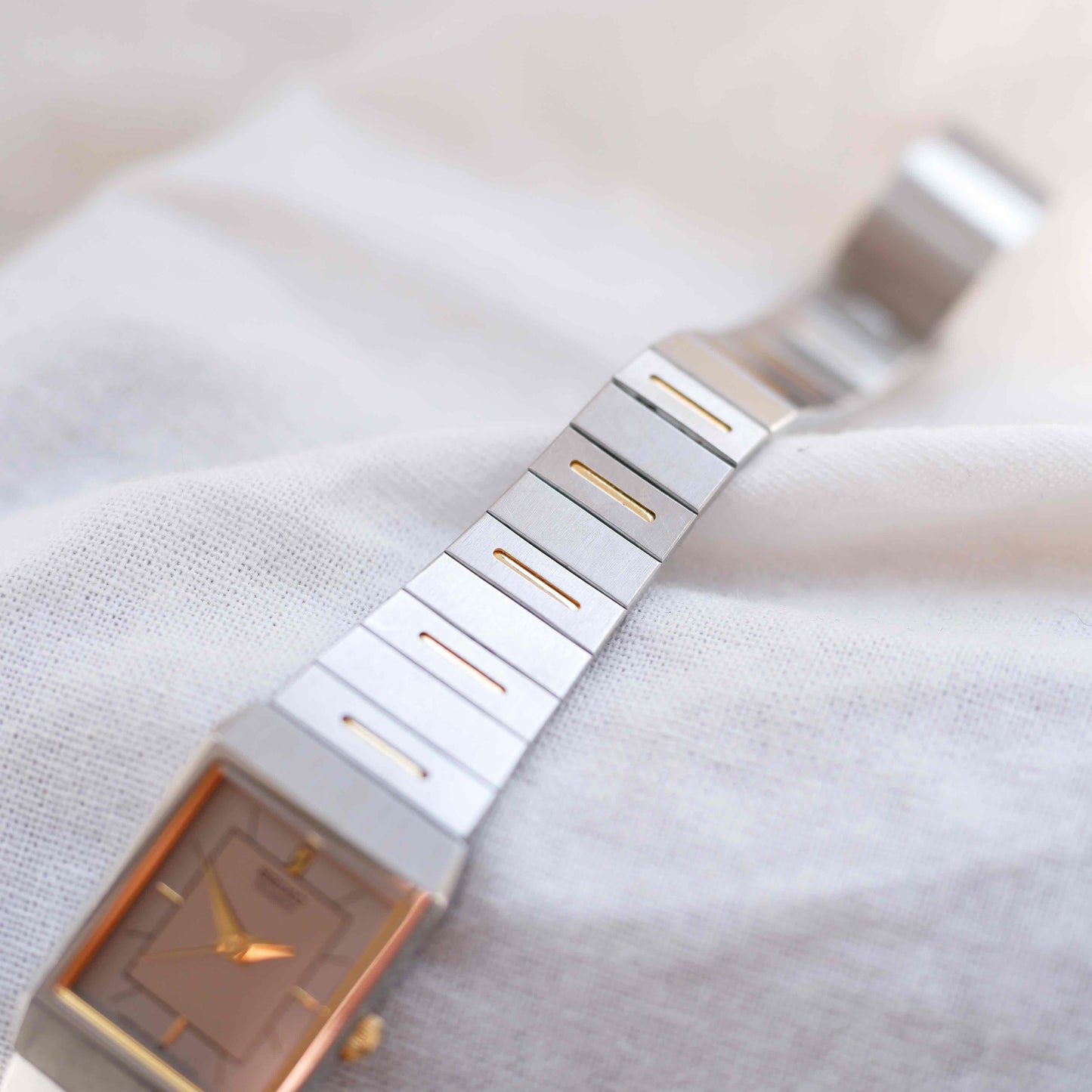 Seiko Dainty Tank Watch: Ladies Vintage 80s Two-Tone Gray and Gold Dial