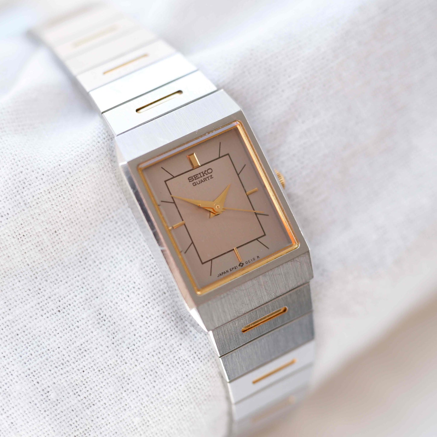 Seiko Dainty Tank Watch: Ladies Vintage 80s Two-Tone Gray and Gold Dial