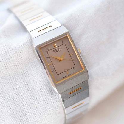Seiko Dainty Tank Watch: Ladies Vintage 80s Two-Tone Gray and Gold Dial