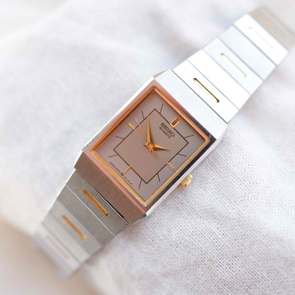 Seiko Dainty Tank Watch: Ladies Vintage 80s Two-Tone Gray and Gold Dial