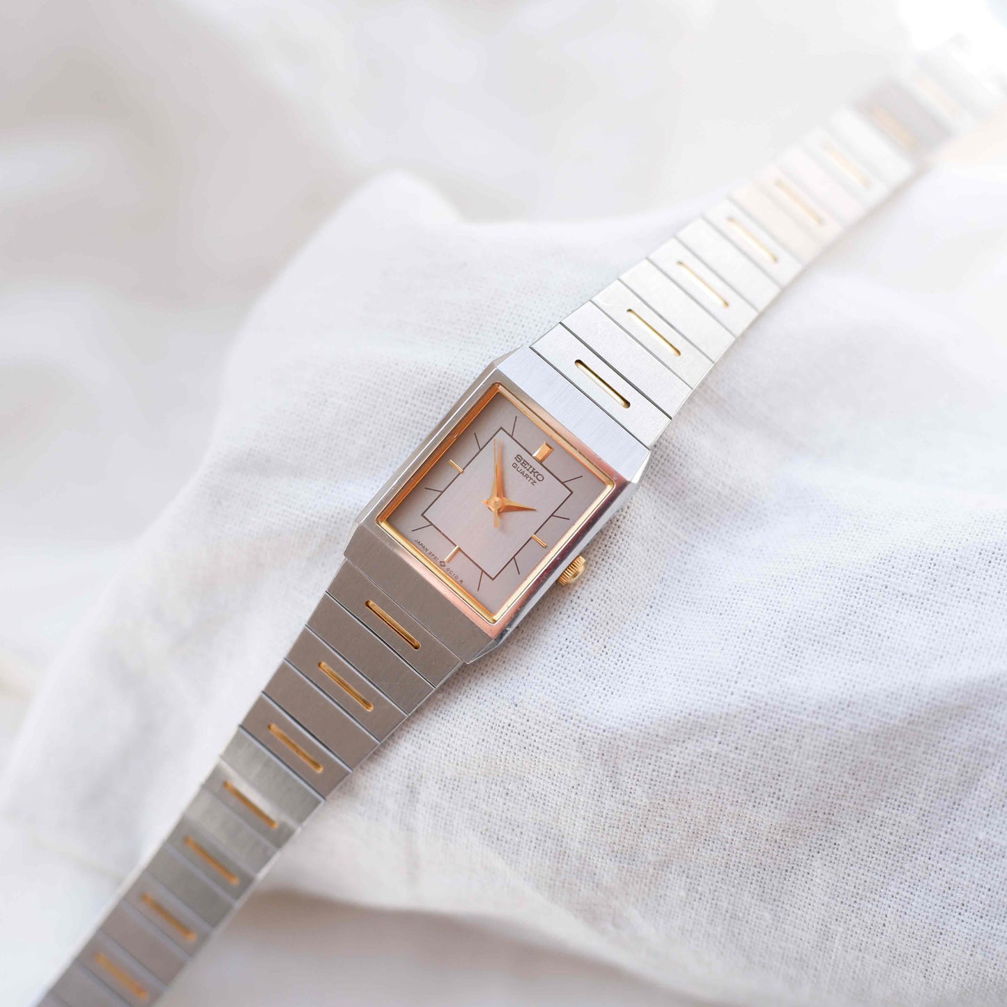 Seiko Dainty Tank Watch: Ladies Vintage 80s Two-Tone Gray and Gold Dial