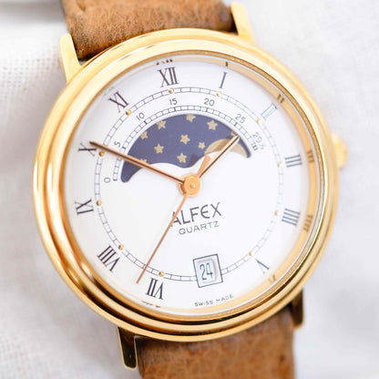 Alfex Vintage Watch: Ladies 80s Gold Roman Numerals Moon Phase - NOS