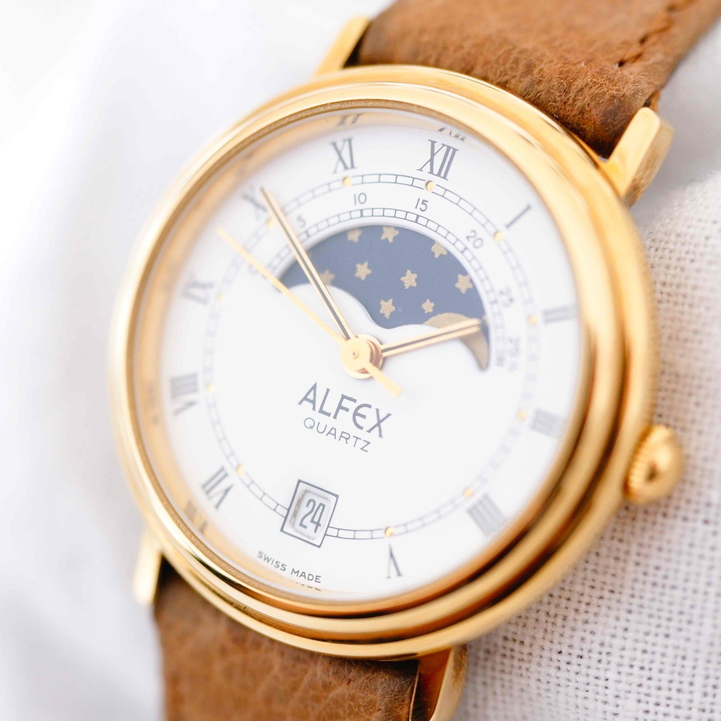 Alfex Vintage Watch: Ladies 80s Gold Roman Numerals Moon Phase - NOS