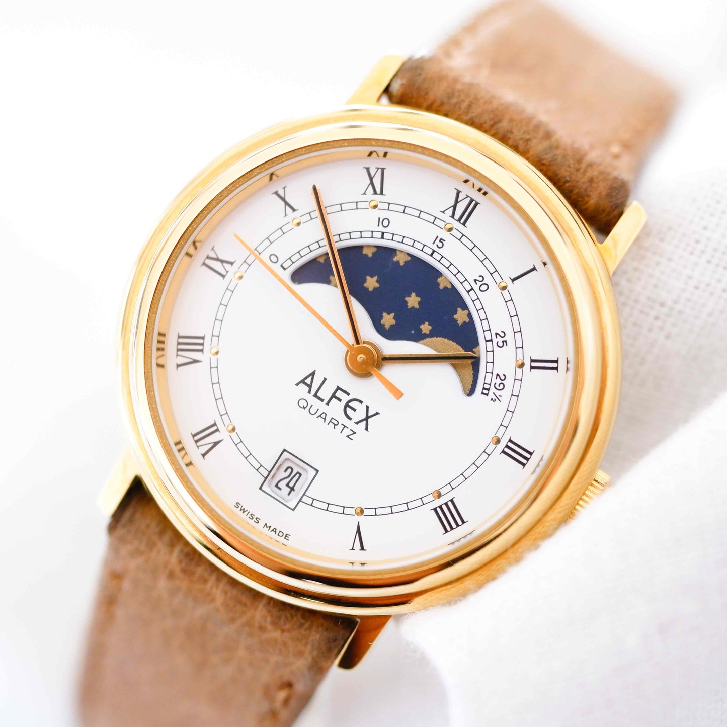 Alfex Vintage Watch: Ladies 80s Gold Roman Numerals Moon Phase - NOS