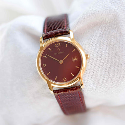 Eterna Vintage Watch: Ladies 90s Gold with Burgundy Colored Dial