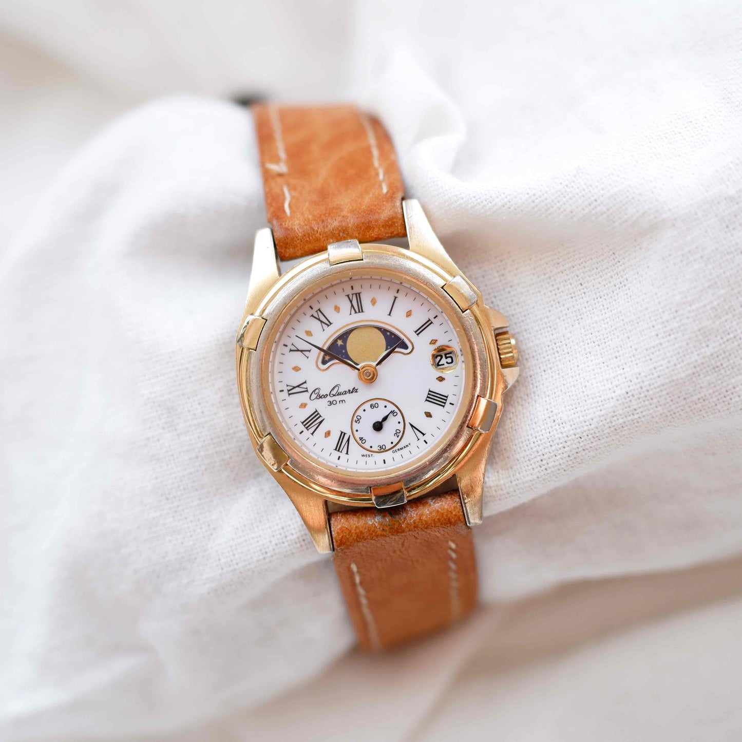 Osco Moon Phase Watch: Ladies 90s Gold with Roman Numerals Blue White Dial