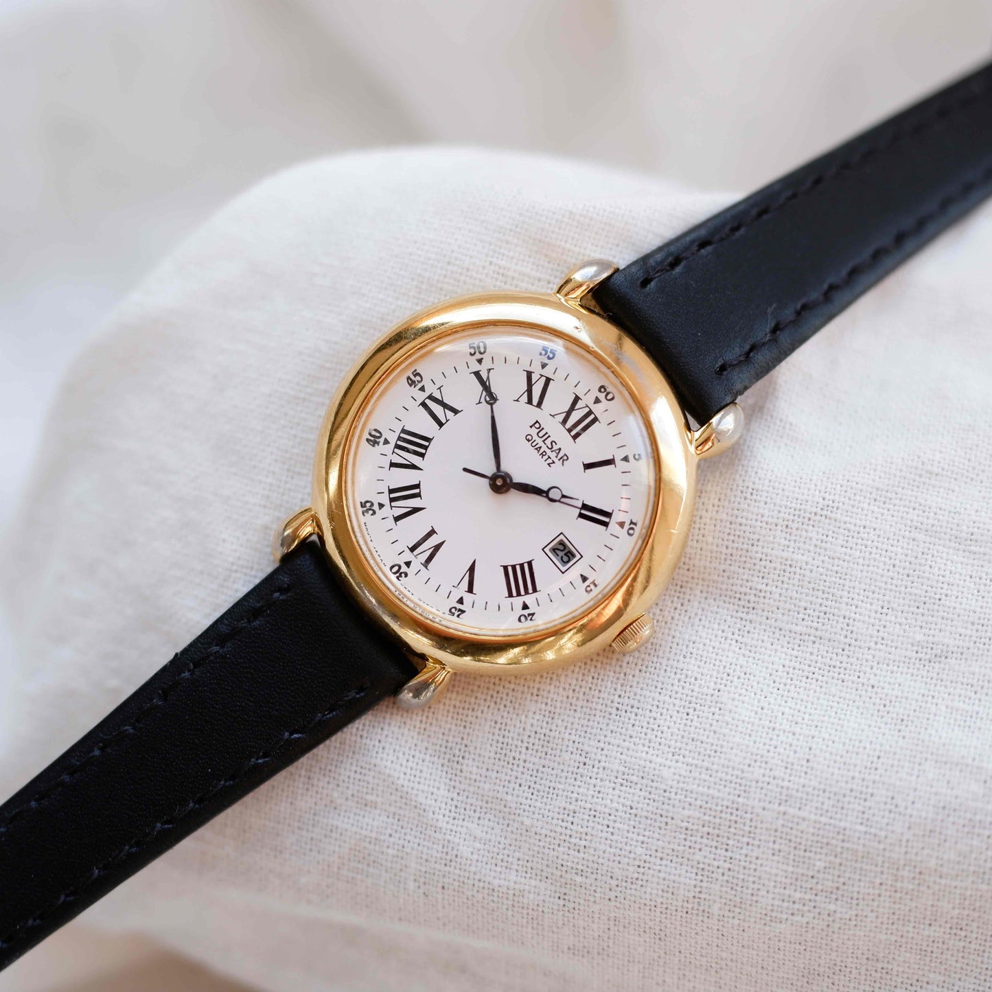 Pulsar Vintage Watch: Ladies 80s Gold Roman Numerals
