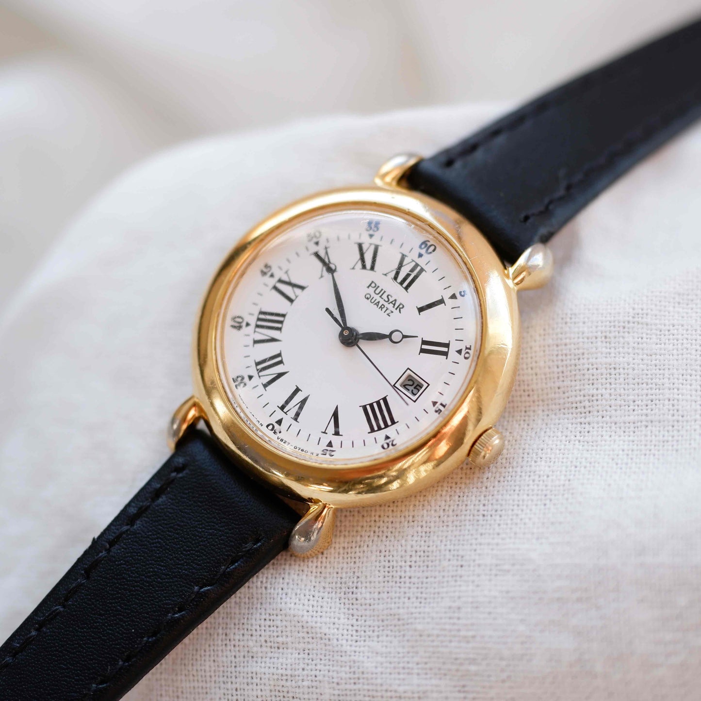 Pulsar Vintage Watch: Ladies 80s Gold Roman Numerals
