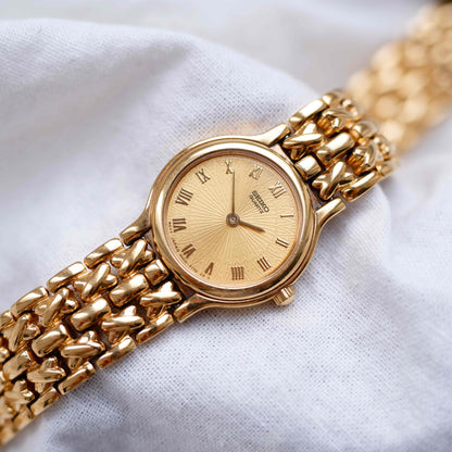 Seiko Cocktail Watch: Ladies Vintage 80s Champagne Guilloche Dial - NOS