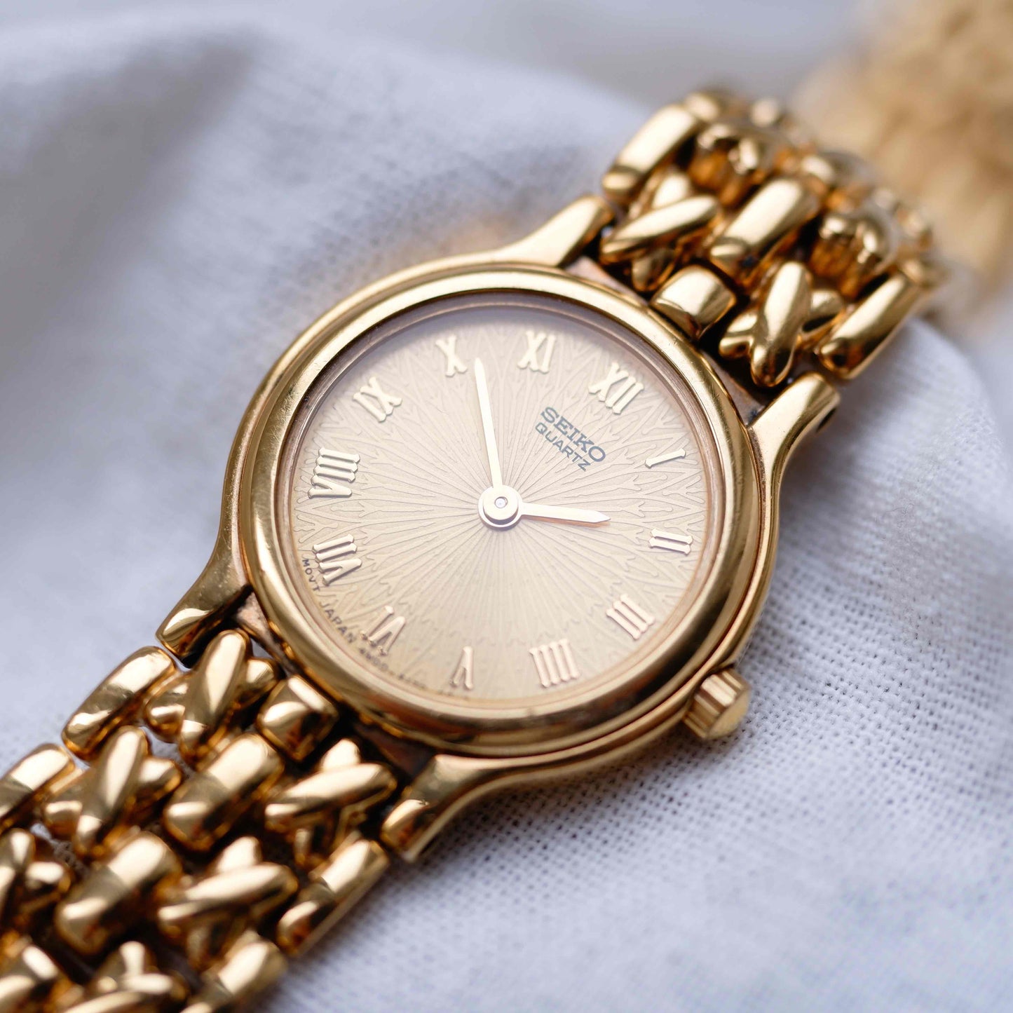 Seiko Cocktail Watch: Ladies Vintage 80s Champagne Guilloche Dial - NOS