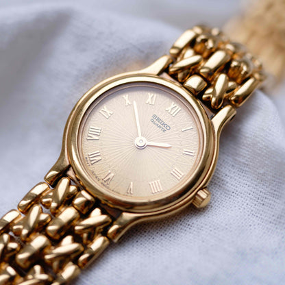 Seiko Cocktail Watch: Ladies Vintage 80s Champagne Guilloche Dial - NOS