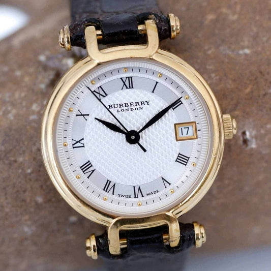 Burberry Vintage Ladies Watch: 90s Golden, Roman Numerals, Guilloche Dial | First Front Side