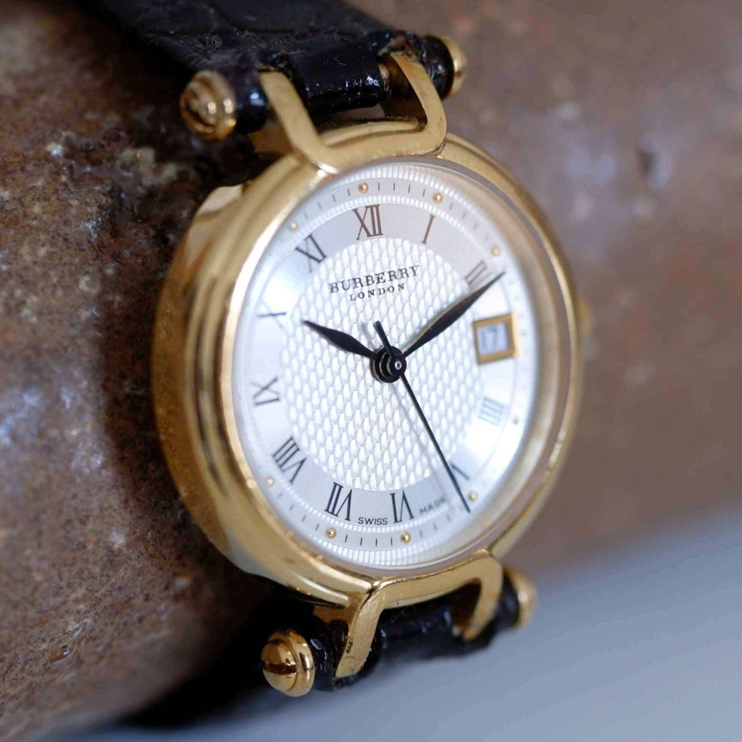 Burberry Vintage Ladies Watch: 90s Golden, Roman Numerals, Guilloche Dial | Slight Left Side